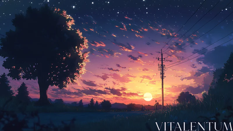 Anime twilight landscape with silhouetted tree and power lines.