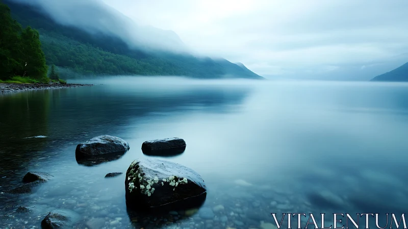 Misty mountain lake reflects soft blue dawn light calmly