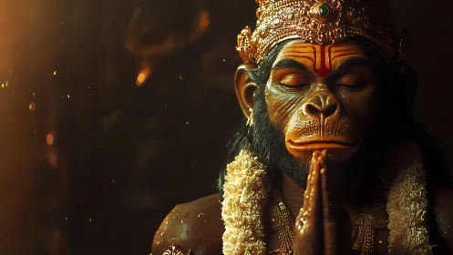 Devotional monkey deity sculpture glows in warm sacred light