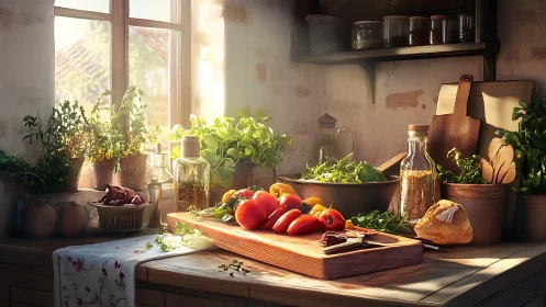 Rustic sunlit kitchen with fresh vegetables and herbs on counter.