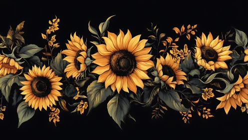 Golden Sunflowers Against Black Background.