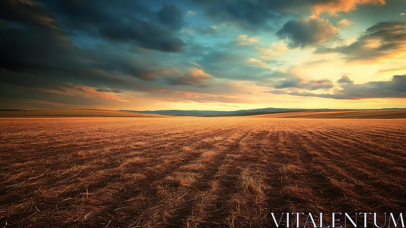 Golden farmland stretches calmly beneath a glowing sunset sky