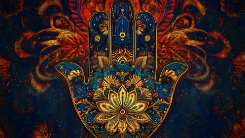 Ornate hamsa hand glows with fiery floral mysticism