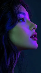 Dreamy neon side portrait glowing with quiet wonder.