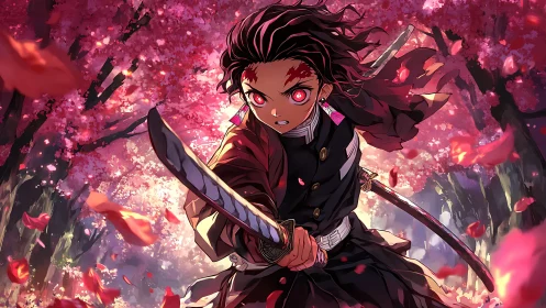 Sword-wielding warrior under dynamic pink blossom canopy.