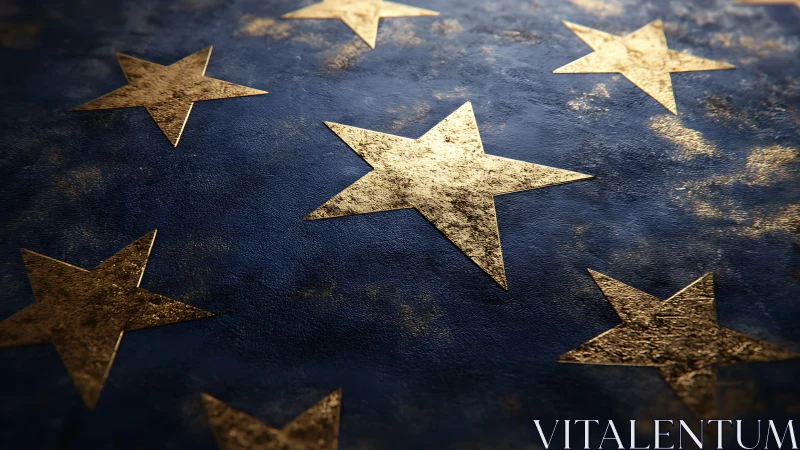 Gold textured stars lie on rough blue surface in close view