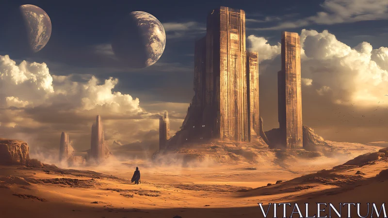 Solitary robed figure approaches colossal desert towers