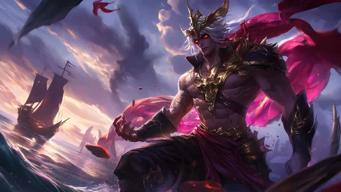 Armored figure on stormy sea with ships and red banners.