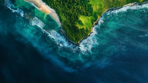 Coastal Headland with Dense Forest Meets Turquoise Ocean Waves.