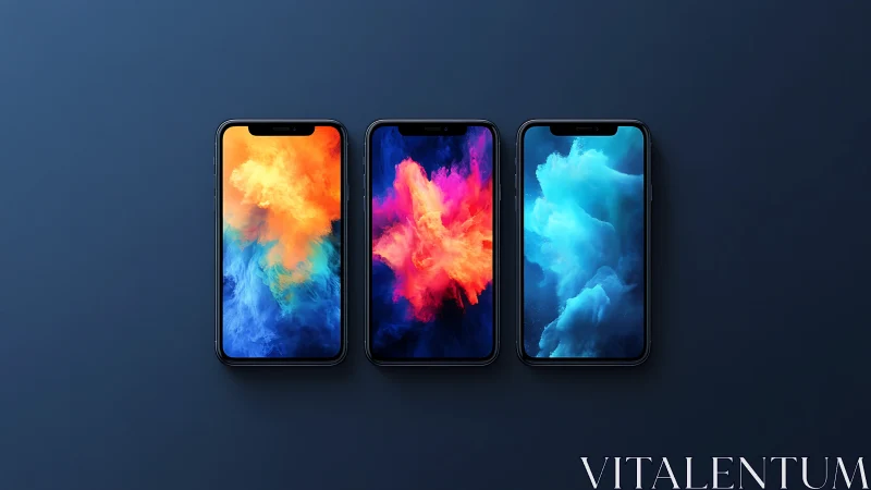 Colorful smartphone trio glowing with vibrant digital clouds.