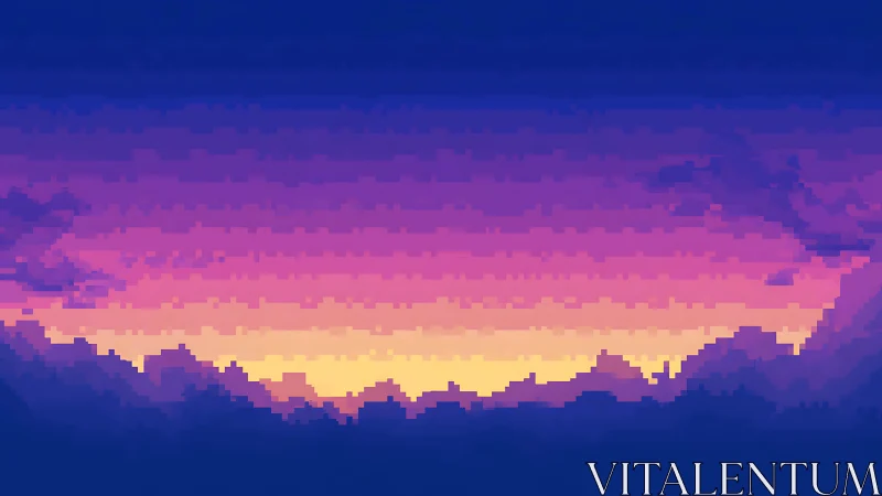 Pixel sunset horizon with layered violet mountain silhouettes.