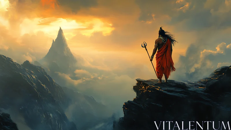 Warrior monk surveys misty mountain at burning dawn.