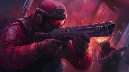 Armored assault soldier advances through burning corridor