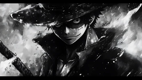 Dark swordsman in storm of ink and shadow grins fiercely.