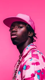 High-key portrait in monochrome pink streetwear styling.