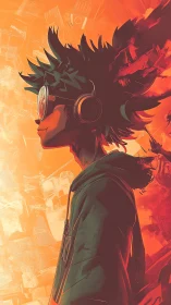 Neon street listener stands in blazing orange city glow.