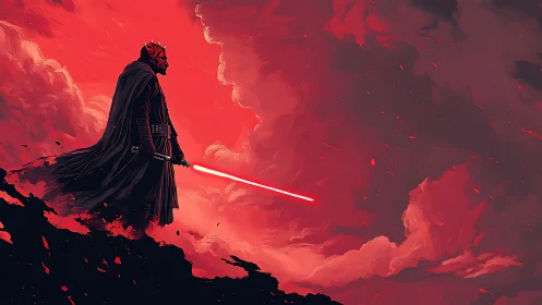 Dark warrior with red saber in stormy crimson sky.