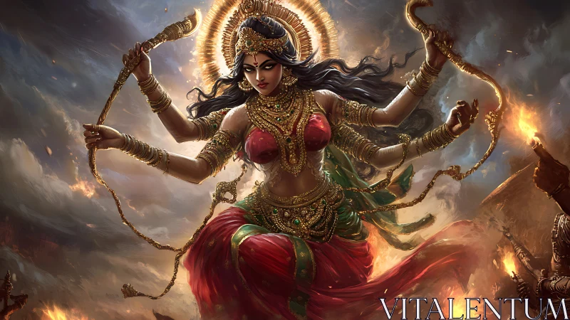 Warrior goddess in red silk wielding flaming whips mid-battle.