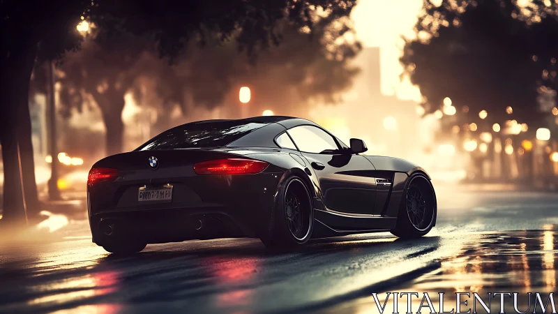 Midnight city streets cradle a sleek black sports coupe.