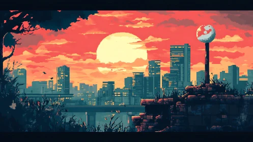 Pixel city skyline at sunset with overgrown foreground ruins.