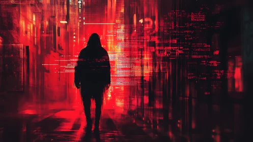 Silhouetted figure in red digital urban corridor at night.