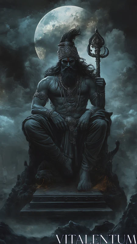 Moonlit warrior king seated in stormy celestial shadows.