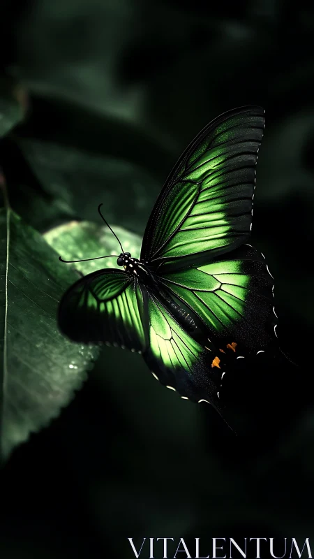 Emerald butterfly rests on leaf in dramatic shadowed light.