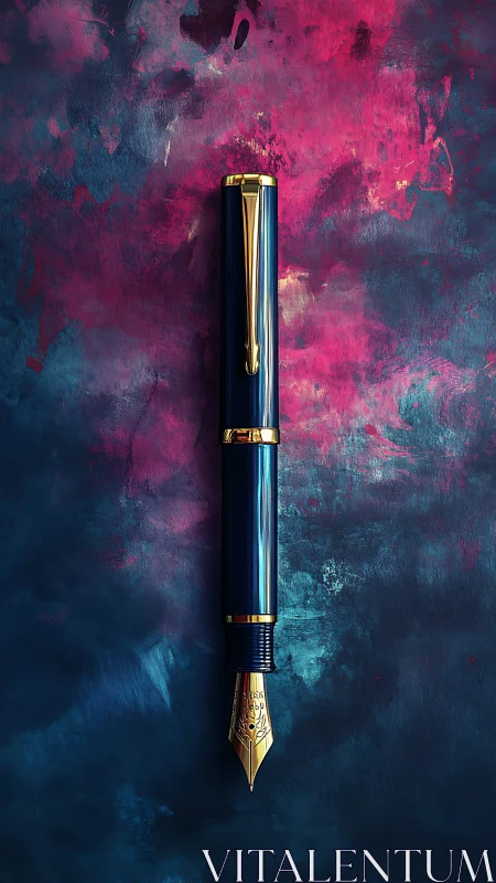 Blue fountain pen centered on textured pink blue backdrop.