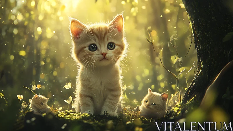 Enchanted Kitten Discovery in Golden Forest Light