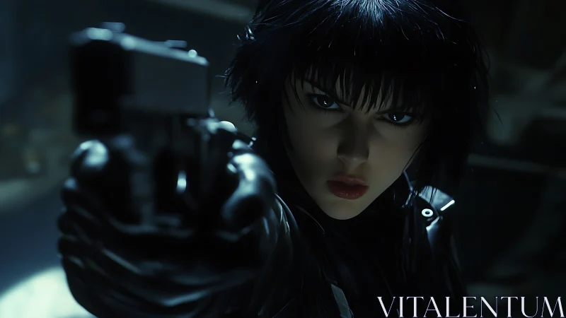 Woman with short dark hair pointing handgun toward viewer