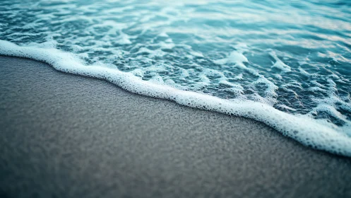 Shoreline wave edge meets wet sand in close foreground focus