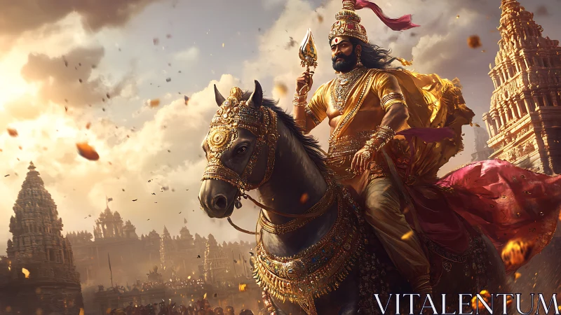 Armored warrior king on horse framed by Hindu temple towers