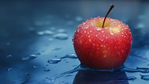 Photorealistic macro of wet red apple on reflective surface.