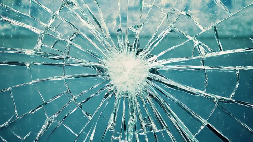Shattered glass pane forms radial crack pattern over teal field