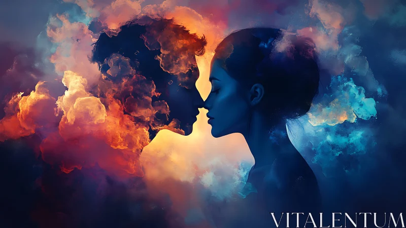 Dual-Profile Silhouette with Volumetric Cloud Morphing. Warm-Cool Chromatic Contrast.