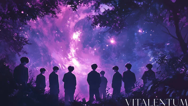 Silhouetted figures under cosmic violet forest sky portal.