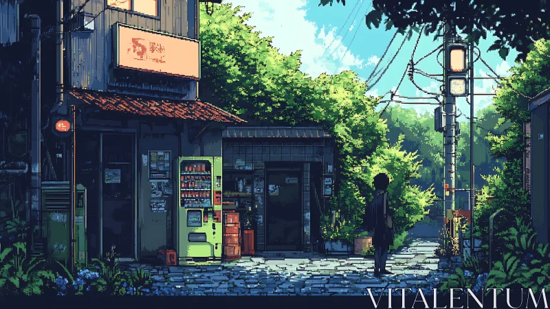 Solitary student pauses by sunlit vending street corner