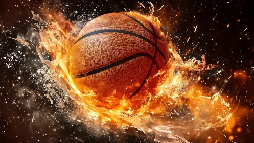 Basketball engulfed in dynamic blazing splash explosion.