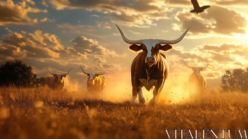 Longhorn cattle charge across sunlit prairie dust storm.