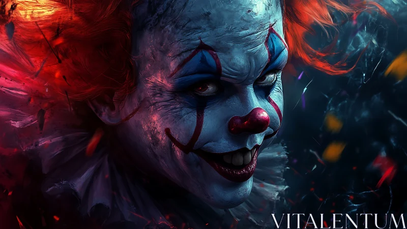 Sinister clown portrait shows menacing close-up expression