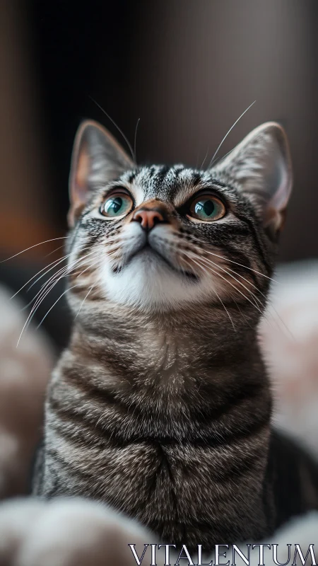 Alert Tabby Cat Looking Upward with Striking Green Eyes