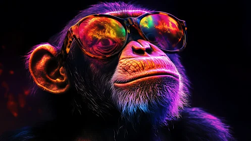 Cool chimp in neon shades soaking up electric colors.