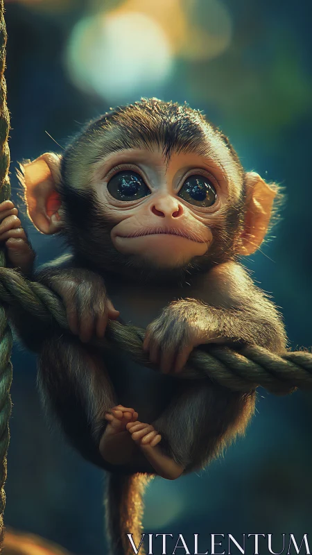 High-detail baby monkey render with glossy eyes and soft bokeh