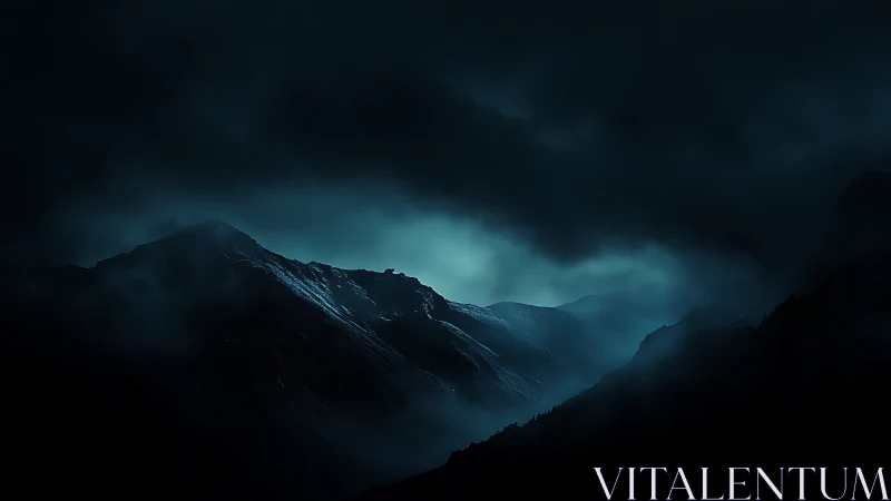 Dark mountain ridge under moody clouds at night.
