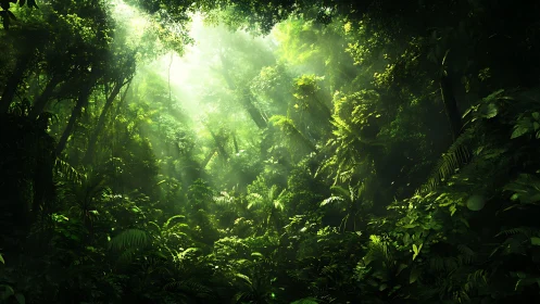 Dense Rainforest Canopy with Penetrating Sunlight.