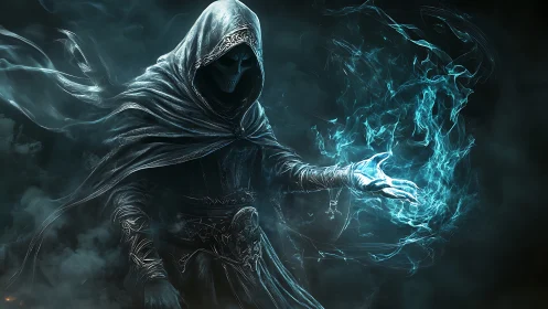 Necromantic wraith conjuring cyan spectral flames in void