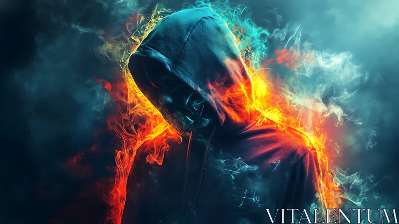 Hooded cyber-silhouette in bifurcated flame and vapor field.