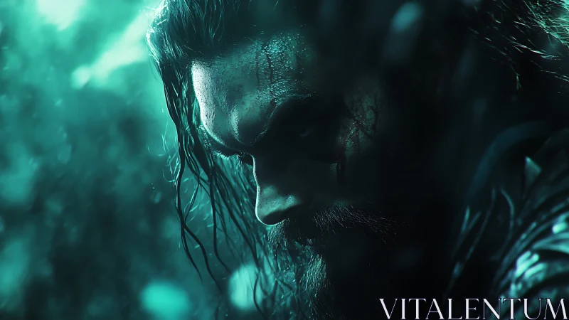 Cyan-illuminated warrior portrait with cinematic depth of field.