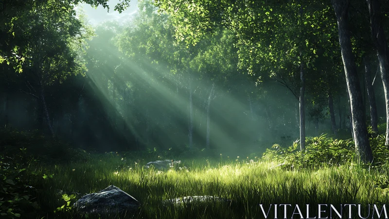 Forest clearing with volumetric light rays through canopy
