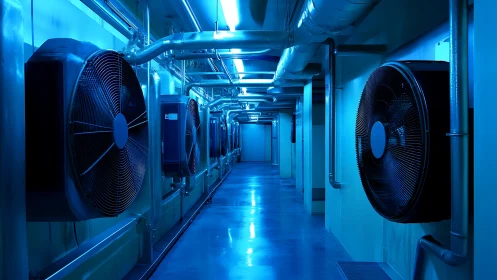 Industrial cooling corridor with large wall-mounted fans.